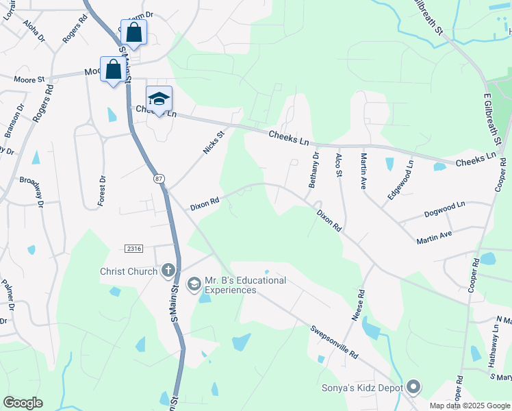 map of restaurants, bars, coffee shops, grocery stores, and more near 201 Dixon Road in Graham