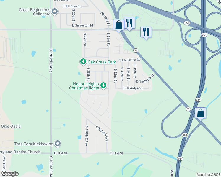 map of restaurants, bars, coffee shops, grocery stores, and more near 3201 East Oakridge Street in Broken Arrow