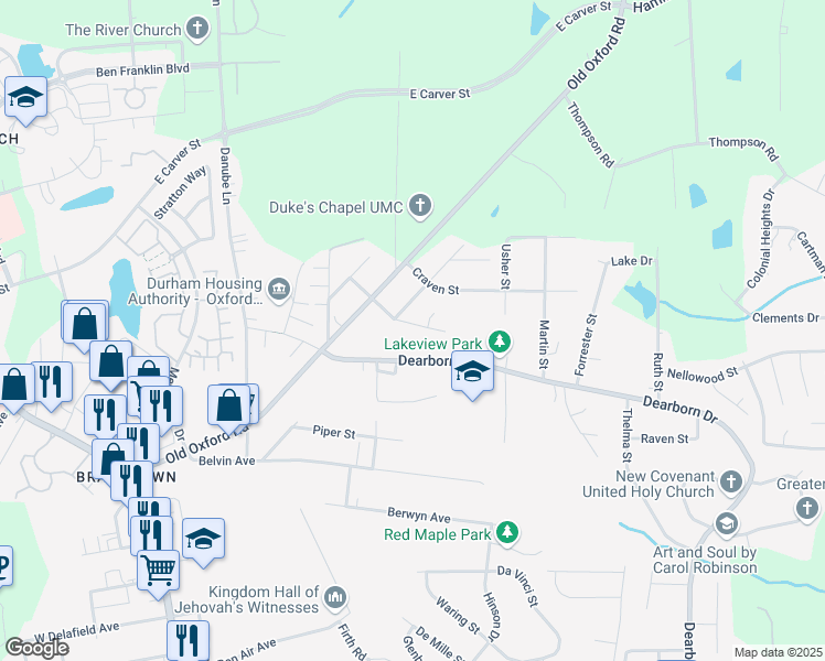 map of restaurants, bars, coffee shops, grocery stores, and more near 205 Denver Avenue in Durham