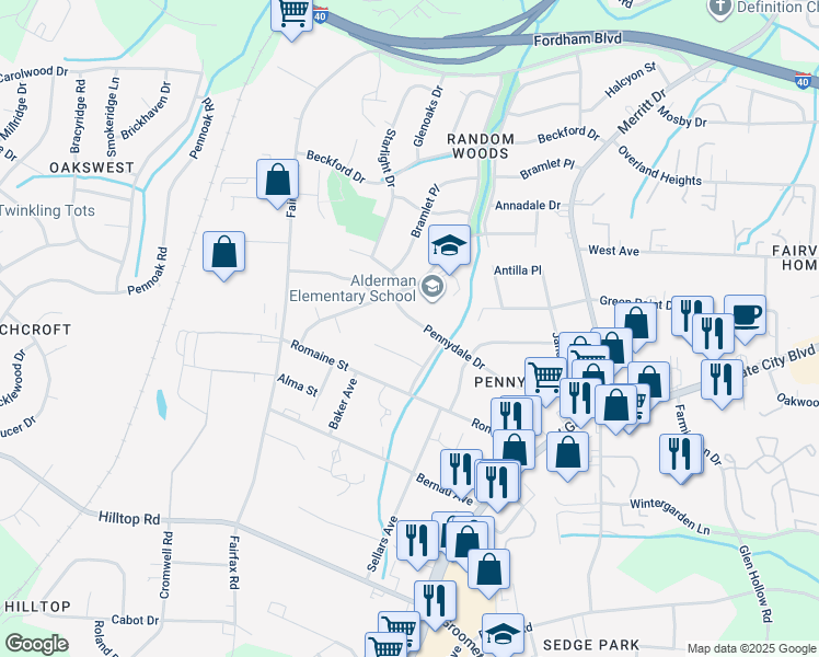 map of restaurants, bars, coffee shops, grocery stores, and more near 4409 Pennydale Drive in Greensboro