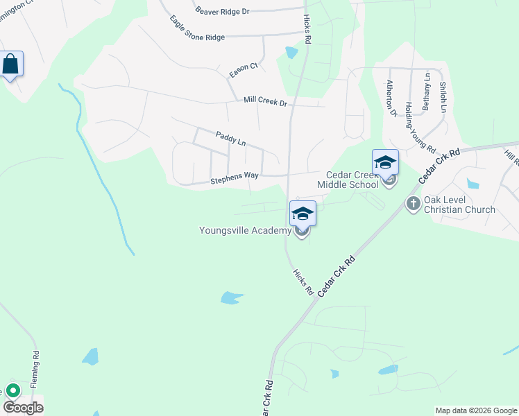 map of restaurants, bars, coffee shops, grocery stores, and more near 2045 Hicks Road in Youngsville