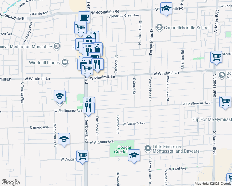 map of restaurants, bars, coffee shops, grocery stores, and more near 6706 Cavatina Avenue in Las Vegas