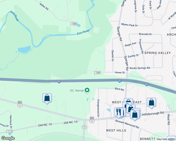 map of restaurants, bars, coffee shops, grocery stores, and more near 307 Caroline Loop in Durham