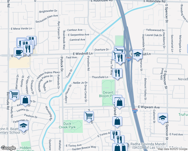 map of restaurants, bars, coffee shops, grocery stores, and more near 1044 Thornfield Lane in Las Vegas