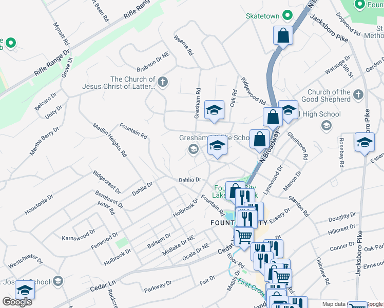 map of restaurants, bars, coffee shops, grocery stores, and more near 500 Gresham Road in Knoxville