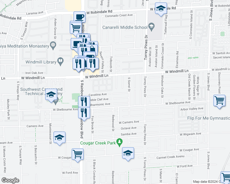 map of restaurants, bars, coffee shops, grocery stores, and more near 6684 Virtuoso Court in Las Vegas