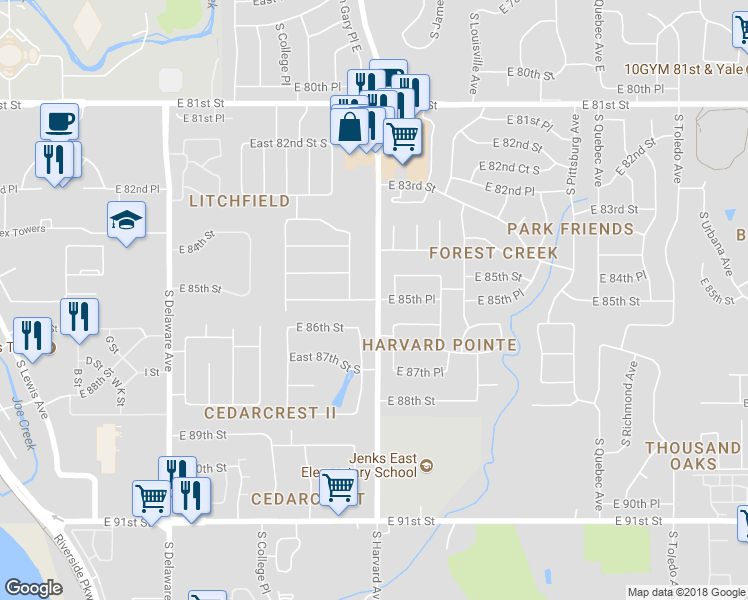 map of restaurants, bars, coffee shops, grocery stores, and more near 3201 East 85th Place in Tulsa