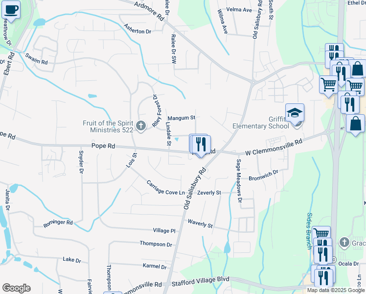 map of restaurants, bars, coffee shops, grocery stores, and more near 1743 Pope Road in Winston-Salem