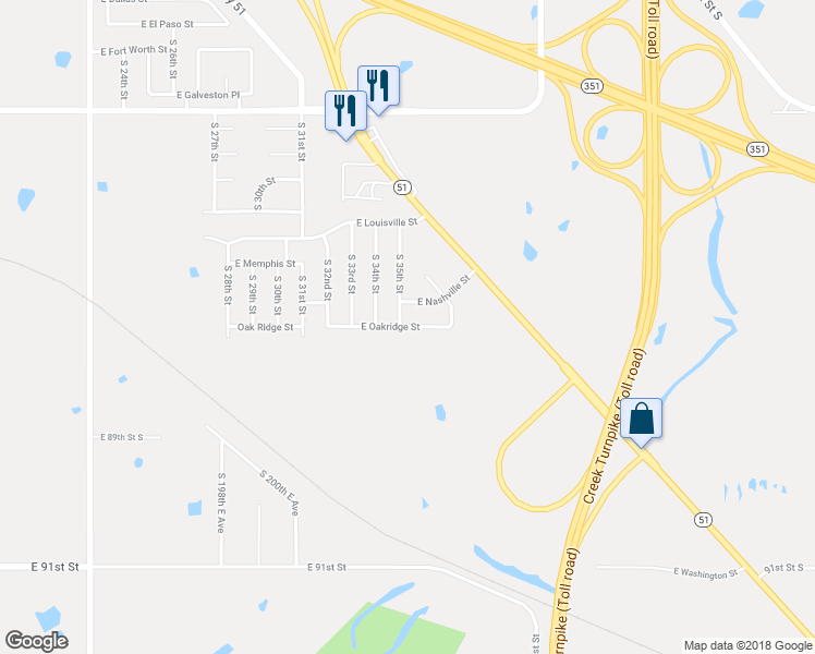 map of restaurants, bars, coffee shops, grocery stores, and more near 7025 East Oakridge Street in Broken Arrow