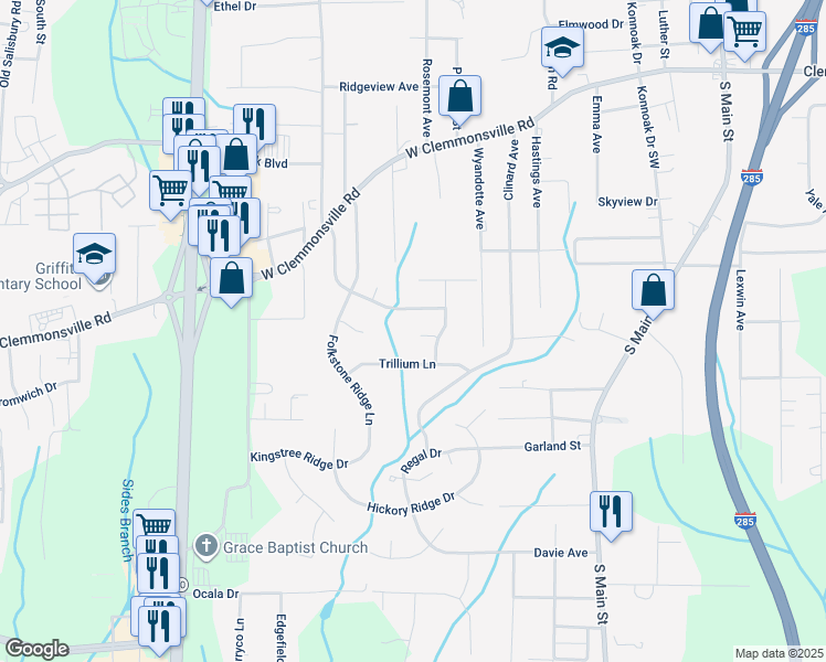 map of restaurants, bars, coffee shops, grocery stores, and more near 2572 Viola Court in Winston-Salem