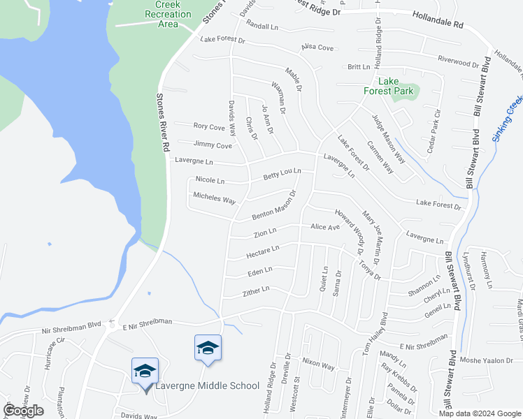 map of restaurants, bars, coffee shops, grocery stores, and more near 1122 Benton Mason Drive in La Vergne