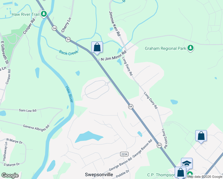 map of restaurants, bars, coffee shops, grocery stores, and more near 2509 Longshadow Drive in Graham