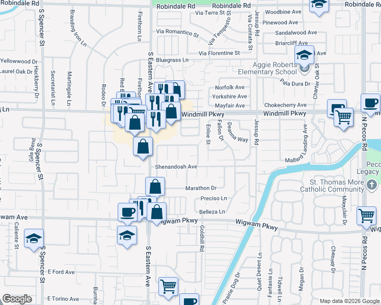 map of restaurants, bars, coffee shops, grocery stores, and more near 2840 Shenandoah Avenue in Henderson
