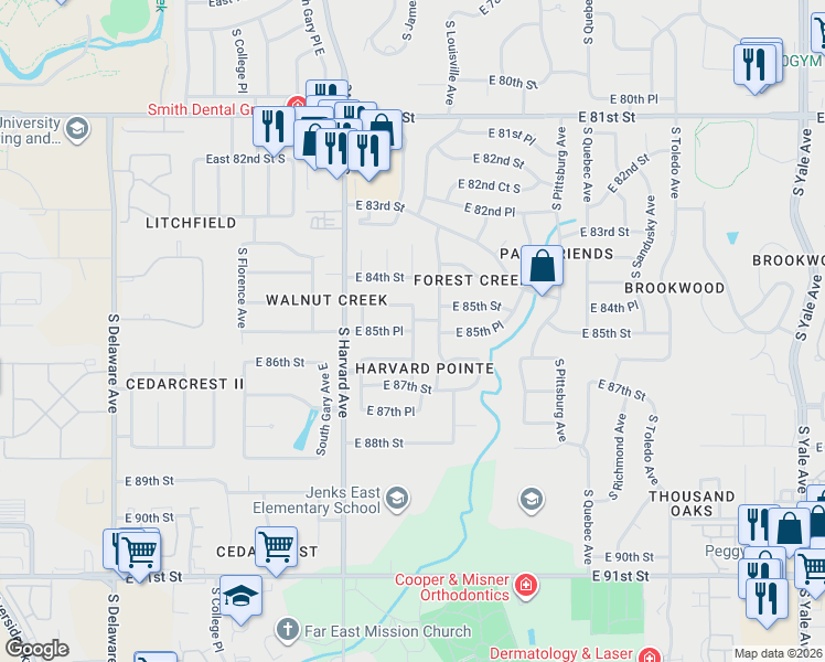 map of restaurants, bars, coffee shops, grocery stores, and more near 8527 South Jamestown Avenue in Tulsa