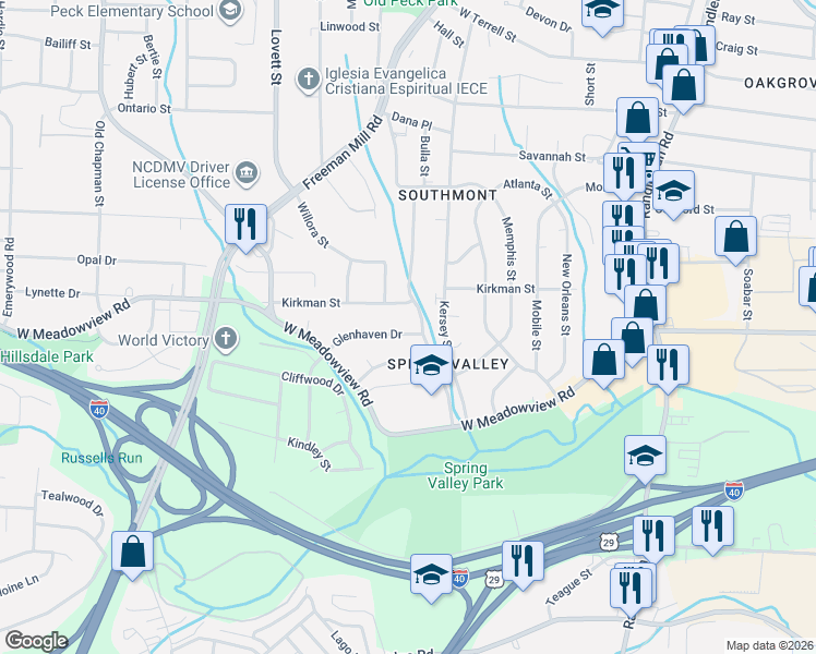 map of restaurants, bars, coffee shops, grocery stores, and more near 2305 Glenhaven Drive in Greensboro