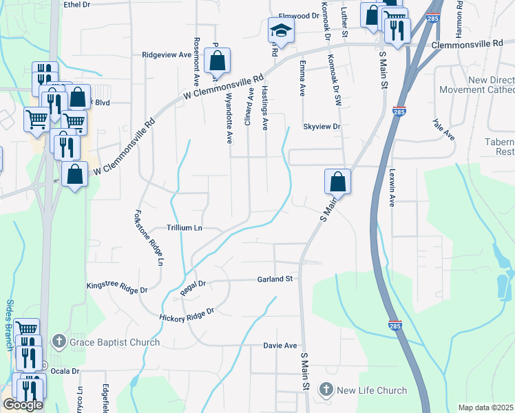 map of restaurants, bars, coffee shops, grocery stores, and more near Bellingham Road in Winston-Salem