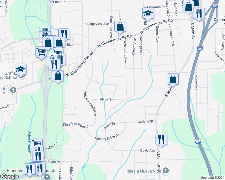 map of restaurants, bars, coffee shops, grocery stores, and more near 2592 Viola Court in Winston-Salem