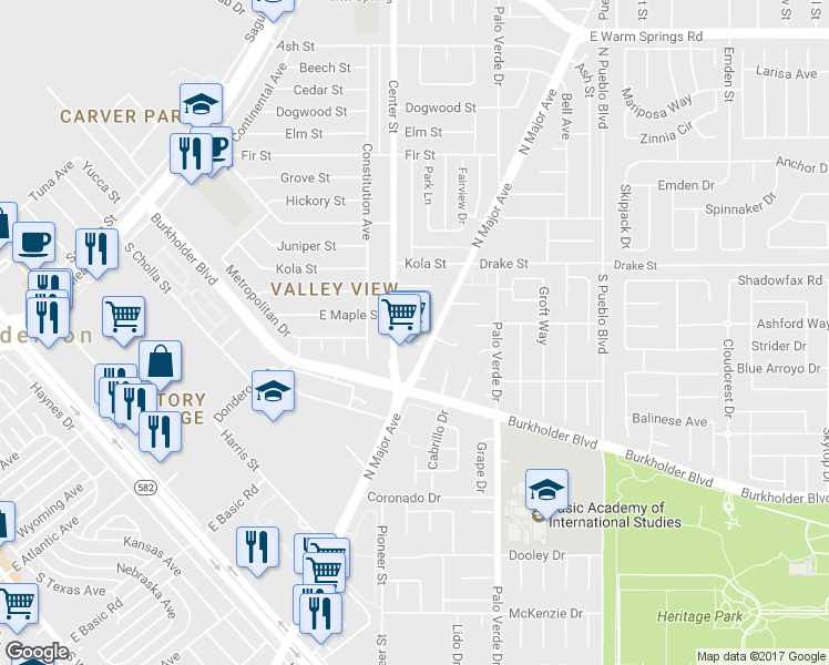 map of restaurants, bars, coffee shops, grocery stores, and more near 720 Center Street in Henderson
