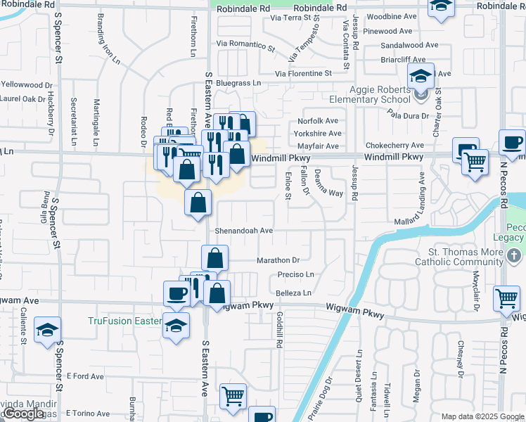 map of restaurants, bars, coffee shops, grocery stores, and more near 2840 Shenandoah Avenue in Henderson