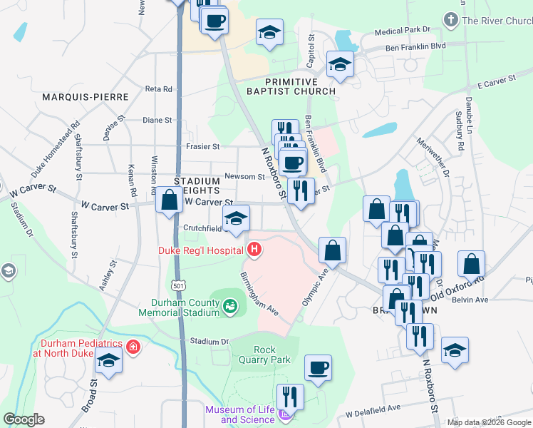 map of restaurants, bars, coffee shops, grocery stores, and more near 114 Crutchfield Street in Durham