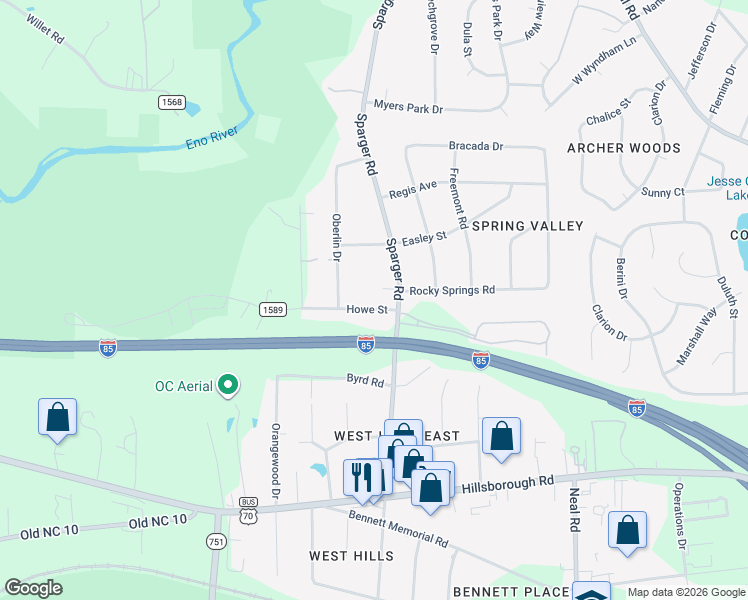 map of restaurants, bars, coffee shops, grocery stores, and more near 4715 Howe Street in Durham