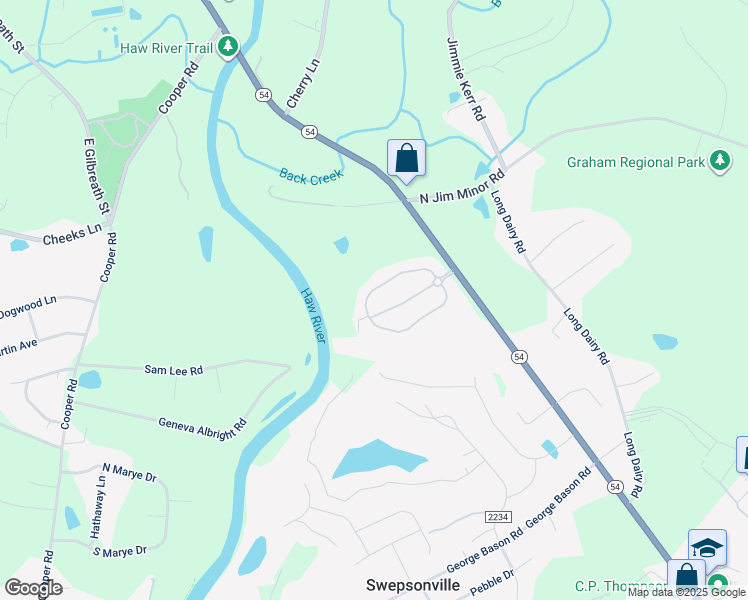 map of restaurants, bars, coffee shops, grocery stores, and more near 2220 Longshadow Drive in Graham
