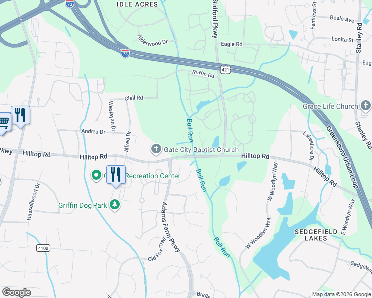 map of restaurants, bars, coffee shops, grocery stores, and more near 19 Country Walk Lane in Greensboro