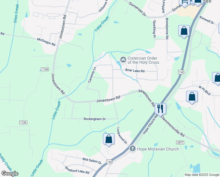 map of restaurants, bars, coffee shops, grocery stores, and more near 2632 Lockwood Drive in Winston-Salem