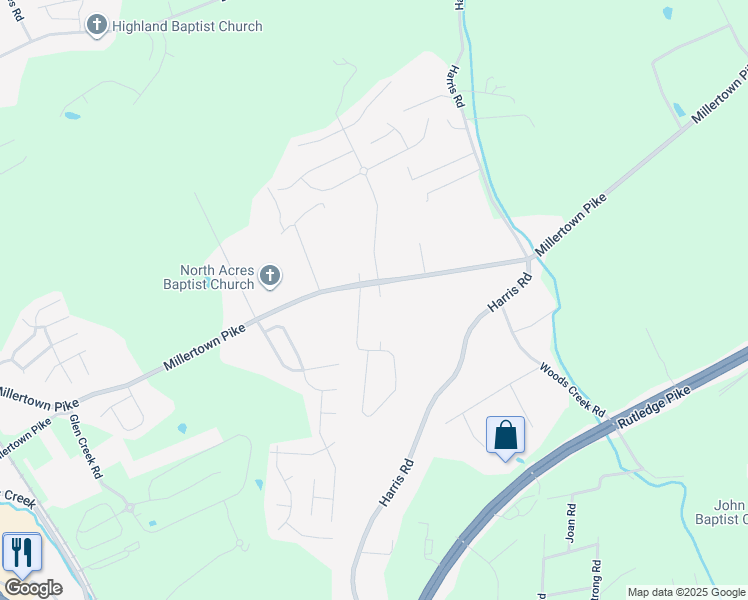 map of restaurants, bars, coffee shops, grocery stores, and more near 6106 Millertown Pike in Knoxville