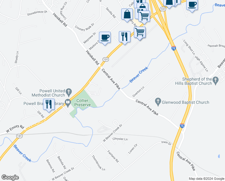 map of restaurants, bars, coffee shops, grocery stores, and more near 7409 Central Avenue Pike in Powell