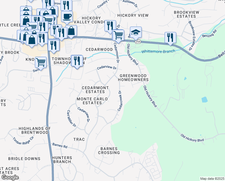 map of restaurants, bars, coffee shops, grocery stores, and more near 219 Cedarmont Circle in Nashville