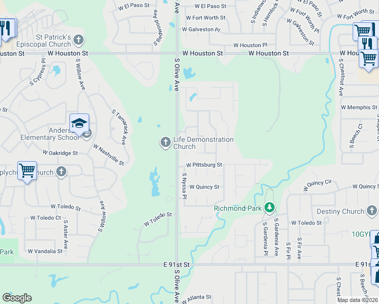 map of restaurants, bars, coffee shops, grocery stores, and more near 3508 West Pittsburg Street in Broken Arrow