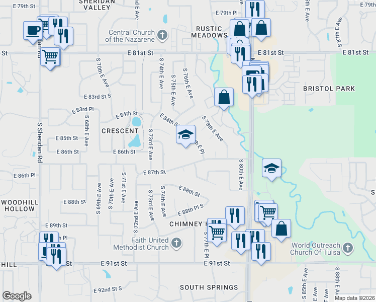 map of restaurants, bars, coffee shops, grocery stores, and more near 7625 East 87th Street in Tulsa