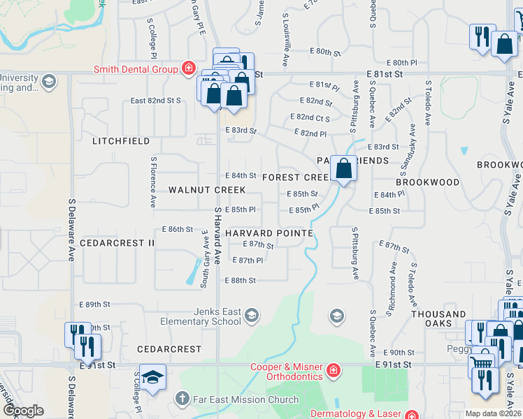 map of restaurants, bars, coffee shops, grocery stores, and more near 8527 South Jamestown Avenue in Tulsa