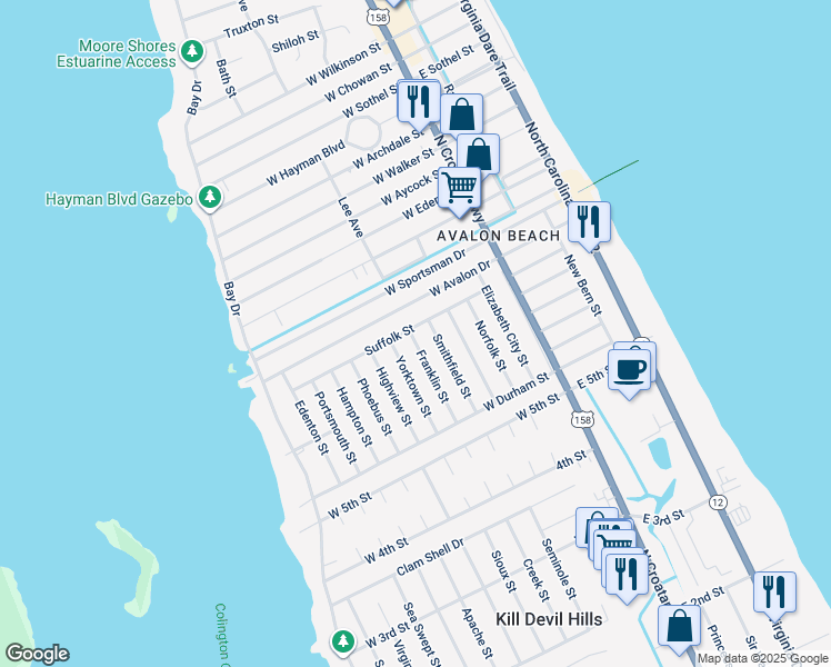 map of restaurants, bars, coffee shops, grocery stores, and more near 507 Suffolk Street in Kill Devil Hills