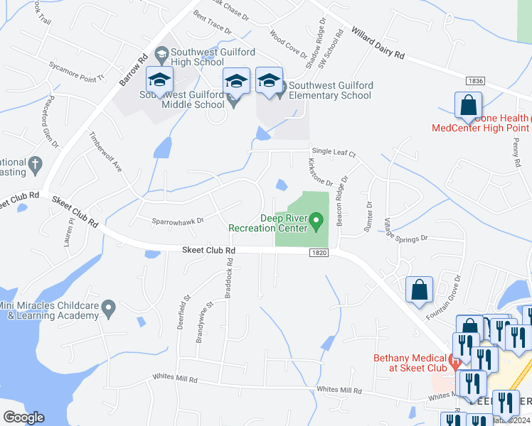 map of restaurants, bars, coffee shops, grocery stores, and more near 3337 Timberwolf Avenue in High Point