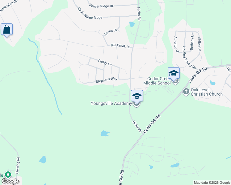 map of restaurants, bars, coffee shops, grocery stores, and more near 2045 Hicks Road in Youngsville