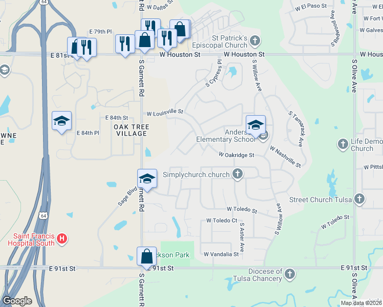 map of restaurants, bars, coffee shops, grocery stores, and more near 4604 West Pittsburg Street in Broken Arrow