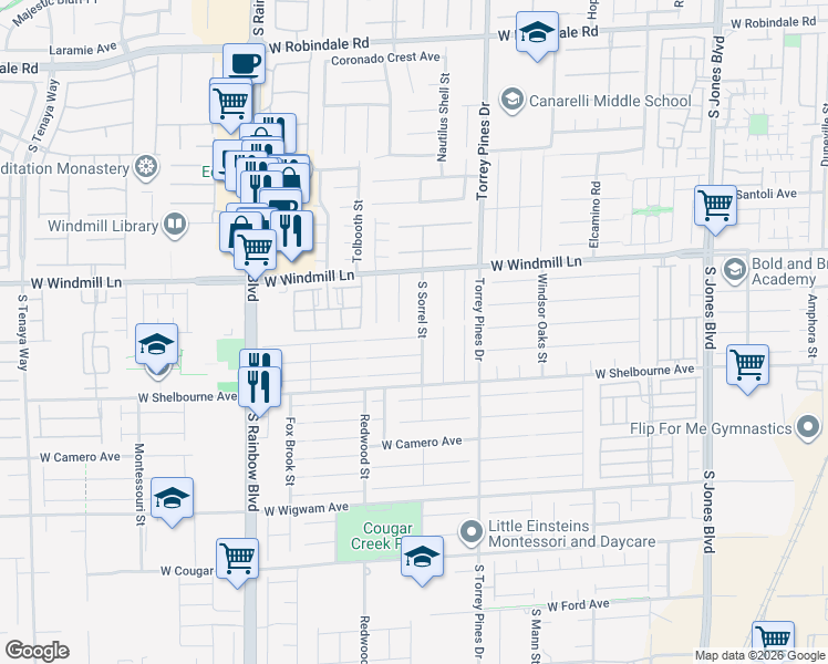 map of restaurants, bars, coffee shops, grocery stores, and more near 6624 Melodic Court in Las Vegas