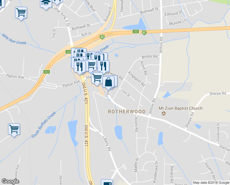 map of restaurants, bars, coffee shops, grocery stores, and more near 2118 Bristol Road in Greensboro