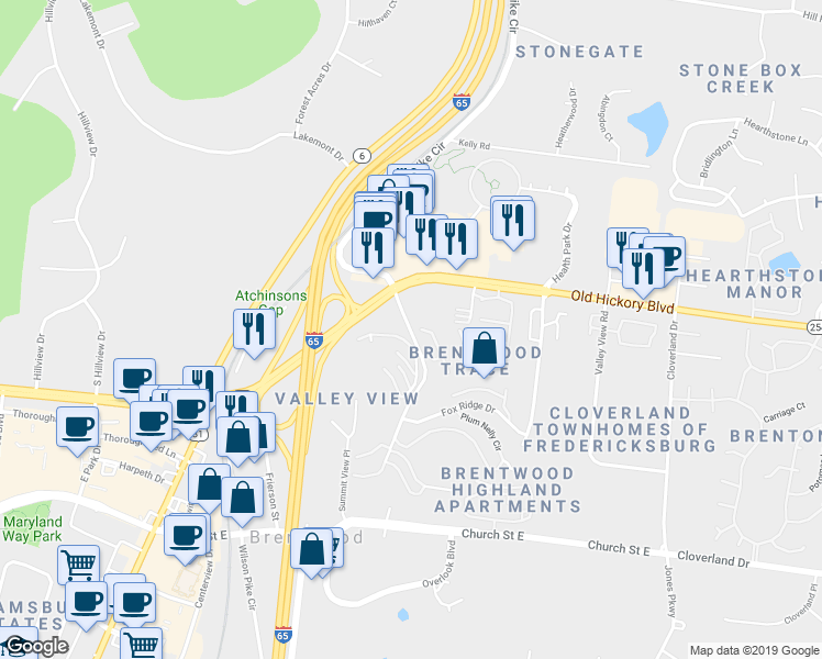 map of restaurants, bars, coffee shops, grocery stores, and more near 5760 Stone Brook Drive in Brentwood