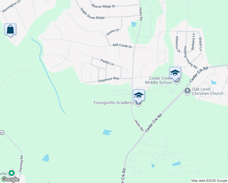map of restaurants, bars, coffee shops, grocery stores, and more near 2045 Hicks Road in Youngsville
