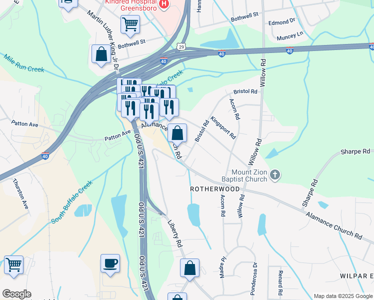 map of restaurants, bars, coffee shops, grocery stores, and more near 2118 Bristol Road in Greensboro