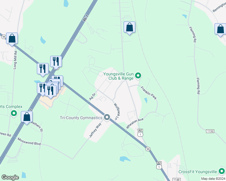map of restaurants, bars, coffee shops, grocery stores, and more near 823 Hampton Lane in Youngsville