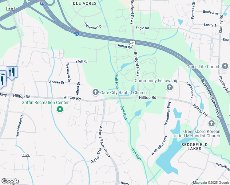 map of restaurants, bars, coffee shops, grocery stores, and more near 5236 Hilltop Road in Greensboro