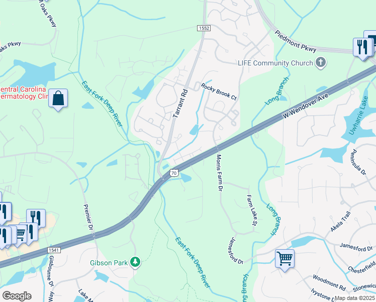 map of restaurants, bars, coffee shops, grocery stores, and more near 4325 Cedarcroft Court in Greensboro
