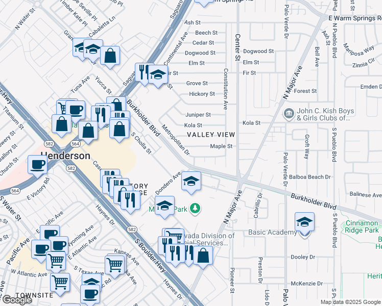map of restaurants, bars, coffee shops, grocery stores, and more near 167 Metropolitan Drive in Henderson