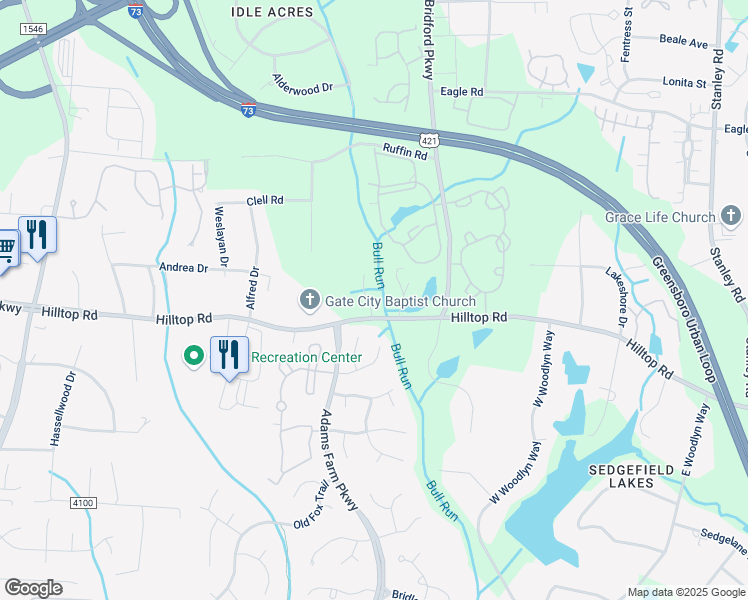 map of restaurants, bars, coffee shops, grocery stores, and more near 5236 Hilltop Road in Greensboro