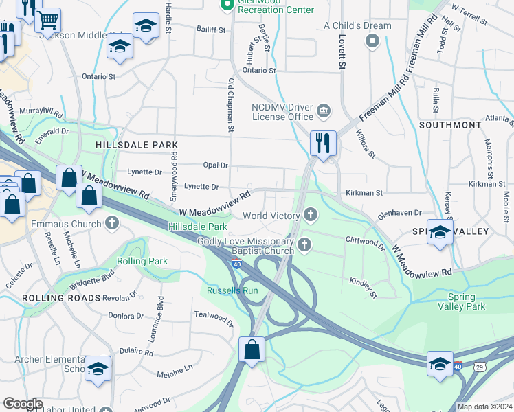 map of restaurants, bars, coffee shops, grocery stores, and more near 2306 Wachovia Drive in Greensboro