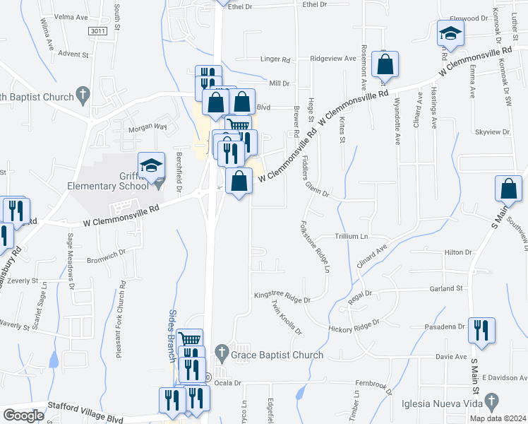 map of restaurants, bars, coffee shops, grocery stores, and more near Sage Meadows Drive in Winston-Salem